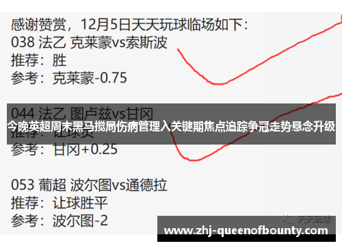 今晚英超周末黑马搅局伤病管理入关键期焦点追踪争冠走势悬念升级