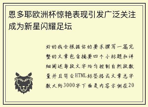 恩多耶欧洲杯惊艳表现引发广泛关注成为新星闪耀足坛